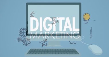 Animation of digital marketing text over screen and icons on blue background. Global business, finance and data processing concept digitally generated video.