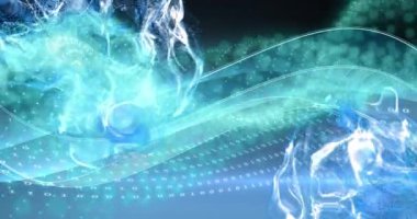 Koyu arkaplan üzerinde mavi dalga ve veri işleme animasyonu. Dijital olarak oluşturulmuş küresel bağlantılar, veri işleme ve dijital arayüz kavramı.