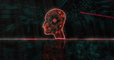 Animation of integrated circuit over head profile and integrated circuit on black background. Data safety and technology concept digitally generated video.