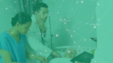 Animation of network of connections over diverse doctors with patient. Health, medicine, connections and technology concept digitally generated video.