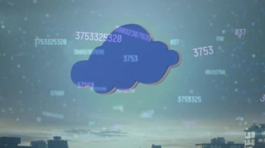 Dijital bulutların, sayıların ve teknik simgelerin animasyonu. Bulut hesaplama, veri işleme, ağ ve teknoloji konsepti dijital olarak oluşturulmuş video.