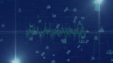 Mavi arkaplandaki simgelerle bağlantılı dünya ile veri işleme animasyonu. Küresel teknoloji, bilgisayar ve dijital arayüz kavramı dijital olarak oluşturulmuş video.