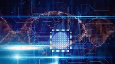 Siyah arka plandaki bilgisayar devre kartının üzerinde dijital beyin ve DNA iplikçiklerinin canlandırılması. Küresel teknoloji, bilgisayar ve dijital arayüz kavramı dijital olarak oluşturulmuş video.