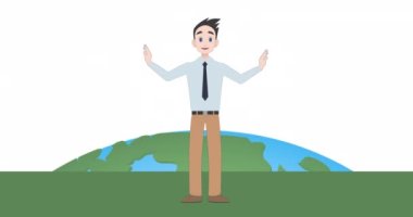 Animation of caucasian businessman making presentation with globe on white background. Communication and business concept digitally generated video.