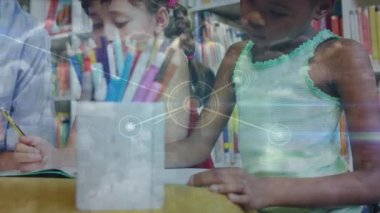 Animation of network of connections over teacher and class of diverse pupils. School, education, learning and connections concept digitally generated video.