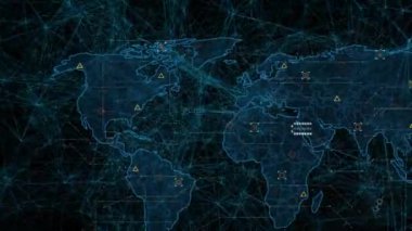 Siyah arka plandaki bağlantı ağı üzerinden dünya haritasının animasyonu. Küresel teknoloji, bilgisayar ve dijital arayüz kavramı dijital olarak oluşturulmuş video.