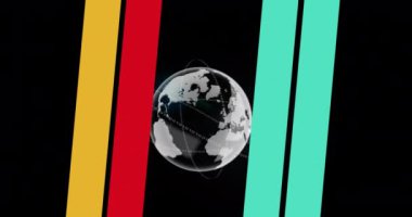 Animation of colorful lines over globe on black background. Data processing and technology concept digitally generated video.