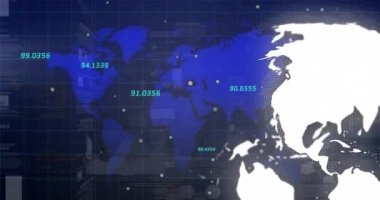 Donanma dijital alanı üzerinde dünya haritası ve finansal verilerin animasyonu. Küresel iş, finans, ekonomi, ağ ve teknoloji konsepti dijital olarak oluşturulmuş video.