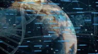 Finansal grafiklerin, DNA 'nın, bağlantıların ve donanma altyapısının animasyonu. Veri işleme, küresel ağ, finans ve teknoloji konsepti dijital olarak oluşturulmuş video.