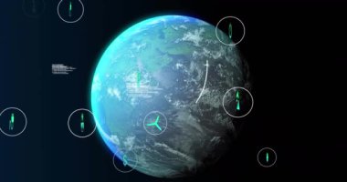 Siyah arkaplanda simgelerin, verilerin ve kürenin animasyonu. Küresel ağ, veri, iletişim ve teknoloji konsepti dijital olarak oluşturulmuş video.