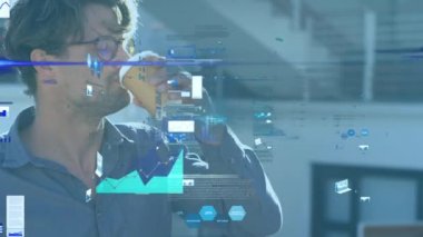 Animation of data processing over caucasian man drinking coffee. Global technology, computing and digital interface concept digitally generated video.
