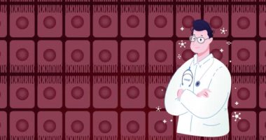 Siyah arka planda pembe hücreler üzerinde beyaz erkek doktor animasyonu. İnsan biyolojisi, anatomi ve tıp konsepti dijital olarak üretilen video.