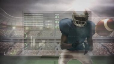 Animation of data processing over american football player. Global sports, digital interface and data processing concept digitally generated video.