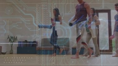 Animation of data on digital screen over diverse people preparing for practicing yoga. Sport, fitness, active lifestyle and technology concept digitally generated video.