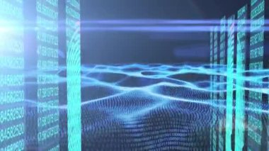 Animation of waves with data processing over black background. Global technology, computing and digital interface concept digitally generated video.