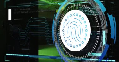 Sunucu odasının üzerinde parmak izi ikonu olan veri işleme animasyonu. Küresel teknoloji ve dijital arayüz konsepti dijital olarak oluşturulmuş video