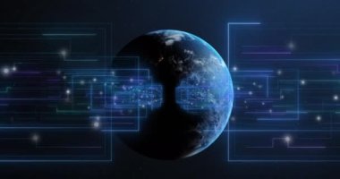 Koyu arkaplan üzerinde küre ve veri işleme animasyonu. Dijital olarak oluşturulmuş küresel bağlantılar, veri işleme ve dijital arayüz kavramı.