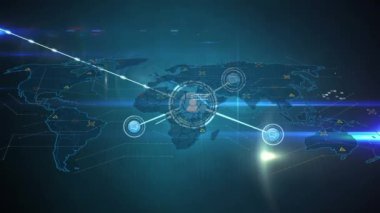 Dünya haritası üzerindeki simgelerle bağlantı ağının animasyonu. Küresel iş ve dijital arayüz kavramı dijital olarak oluşturulmuş video.