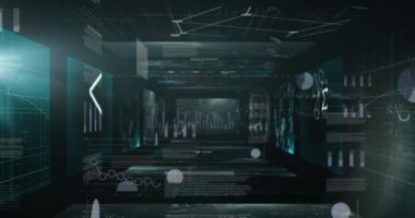Koyu arkaplan üzerindeki ekranlardaki istatistik ve veri işleme animasyonları. Küresel iş, dijital arayüz ve veri işleme kavramı dijital olarak oluşturulmuş video.