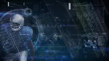 Animation of data processing over american football player on black background. Sport, competition, data processing and technology concept digitally generated video.
