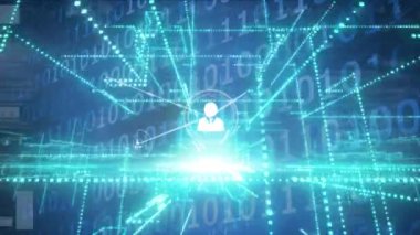 Animation of hand bionic security system over data processing in blue and black space. Global internet security data processing connections and digital interface concept digitally generated video.