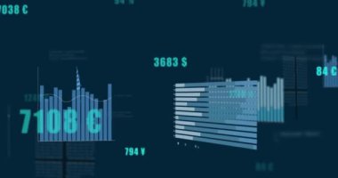 Donanma arkaplanındaki çeşitli grafiklerin ve finansal verilerin animasyonu. Küresel finans, para ve ekonomi kavramı dijital olarak üretilen video.