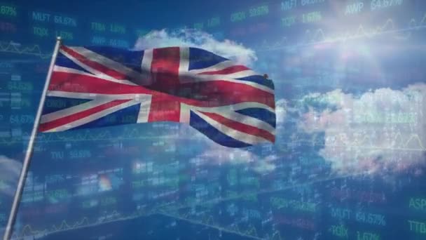 Animatie Van Financiële Gegevens Vlag Van Groot Brittannië Wolken Brits — Stockvideo