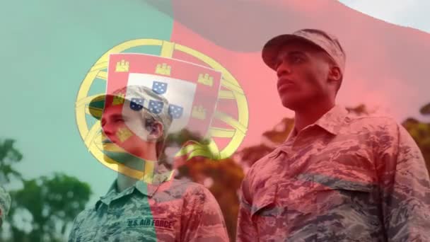 Portekiz Bayrağının Değişik Erkek Askerler Üzerindeki Animasyonu Vatanseverlik Ordu Ulusal — Stok video