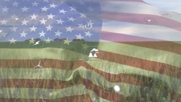 Animatie Van Eco Iconen Boven Vlag Van Het Veld Natuur — Stockvideo