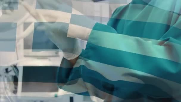 Animation Flag Greece Biracial Male Surgeon Face Mask Global Medicine — Stok video