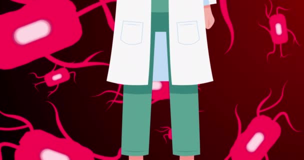 Animation Caucasian Male Doctor Face Mask Red Cells Red Background — Vídeo de stock