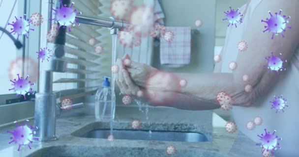 Animation Purple Virus Cells Hands Caucasian Senior Man Washing Hands — Stockvideo
