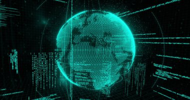 Dönen dünya üzerindeki bağlantı ve veri işleme ağının resmi. Küresel bağlantılar, dijital dünya ve dijital arayüz konsepti dijital olarak oluşturulmuş görüntü.