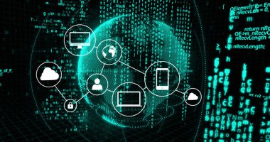 Dijital simge ağının resmi ve dönen dünya üzerinde veri işleme ile bağlantıları. Küresel bağlantılar, dijital dünya ve dijital arayüz konsepti dijital olarak oluşturulmuş görüntü.