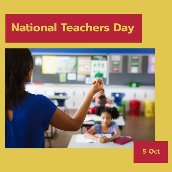 Composition of national teachers day text with diverse teacher and schoolchildren. World teachers day and celebration concept digitally generated image.