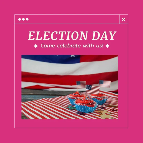 Composition of election day and come celebrate with us texts over cupcakes on pink background. Election day and celebration concept digitally generated image.