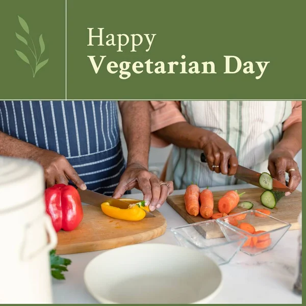 Composition of happy vegetarian day text over african american couple cooking in kitchen. World vegetarian day and celebration concept digitally generated image.