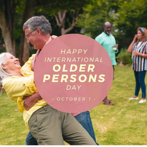 Image of happy international older persons day over happy caucasian senior couple. Seniors, lifestyle a celebration concept.