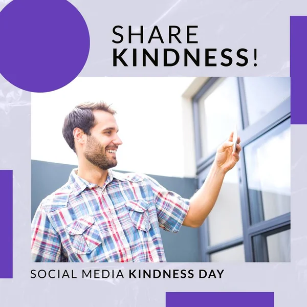 Composition of share kindness and social media kindness day text over caucasian man using smartphone.