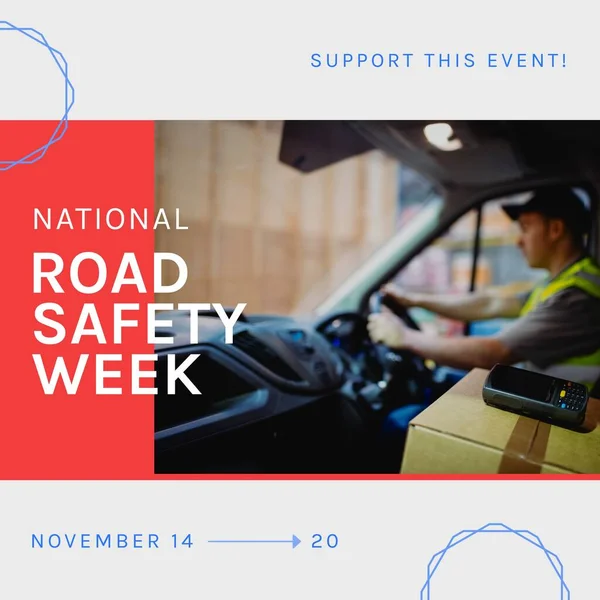 Composition Road Safety Week Text Caucasian Male Deliverer Car Road — Stok fotoğraf