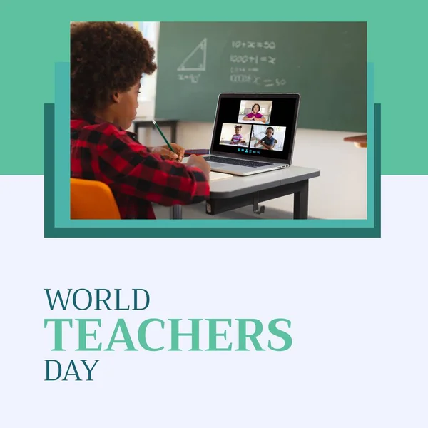 Composition of world teachers day text with african american boy using laptop on green background. World teachers day and celebration concept digitally generated image.