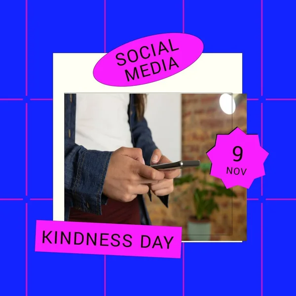 Composition Social Media Kindness Day Texts Caucasian Man Using Smartphone — Photo