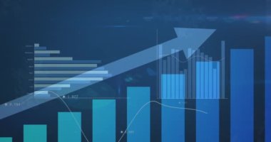 Mavi zemin üzerinde çeşitli grafik ve okların animasyonu. Küresel finans, para ve ekonomi kavramı dijital olarak üretilen video.