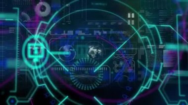 Animation of tech icons over digital screen. Network, computers, connections and technology concept digitally generated video.