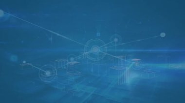 Meta-evren şehir ve mavi arka plan üzerindeki bağlantı ağında animasyon. Ağ, bağlantılar ve teknoloji konsepti dijital olarak oluşturulmuş video.