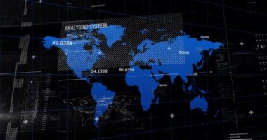 Siyah dijital ekranda grafiklerin, verilerin ve dünya haritasının animasyonu. Dijital olarak oluşturulmuş küresel veri işleme, finans ve dijital arayüz kavramı.