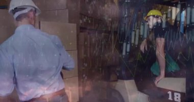 Animation of graphs over caucasian male warehouse workers. Business, finance and delivery services concept digitally generated video.