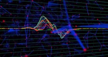 Bağlantılar ağının dijital animasyonu ve kara arkaplana karşı finansal veri işleme. Küresel ağ ve iş teknolojisi kavramı