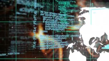 Animation of dna strand, data processing over globe and biometric face id on dark background. Global science, connections, data processing and digital interface concept digitally generated video.
