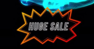 Siyah arka planda mavi dalgalar üzerinde büyük satışların animasyonu. Alışveriş, satış ve tanıtım konsepti dijital olarak oluşturuldu.